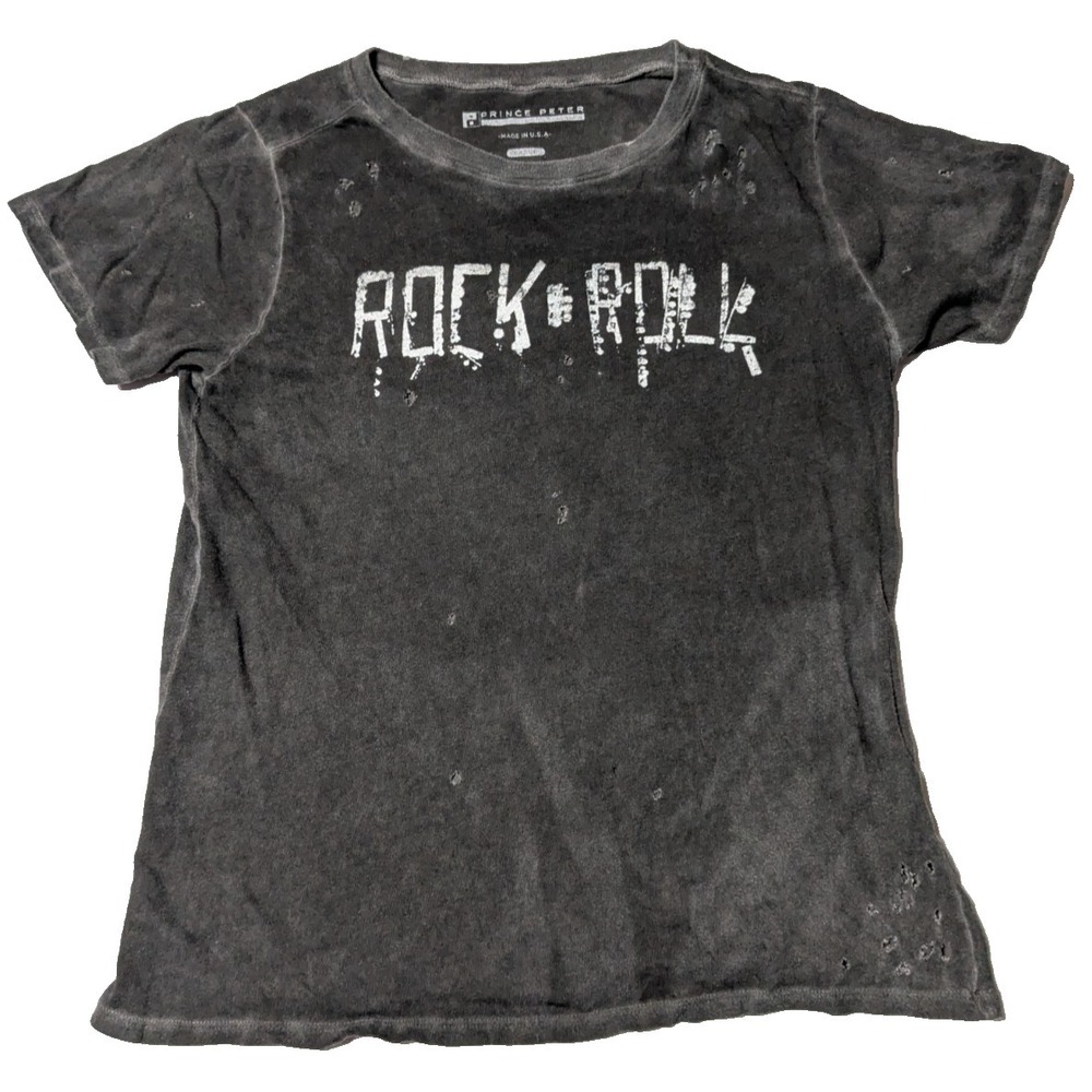 PRINCE PETER ROCK-N-ROLL Gray Wash Distressed T-Shirt - Women‎ Large Made in USA